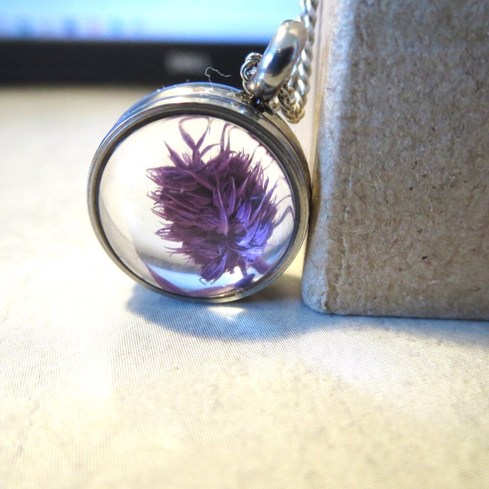 Thistle necklace Scottish Thistle charm purple Real thistle glass vial necklace
